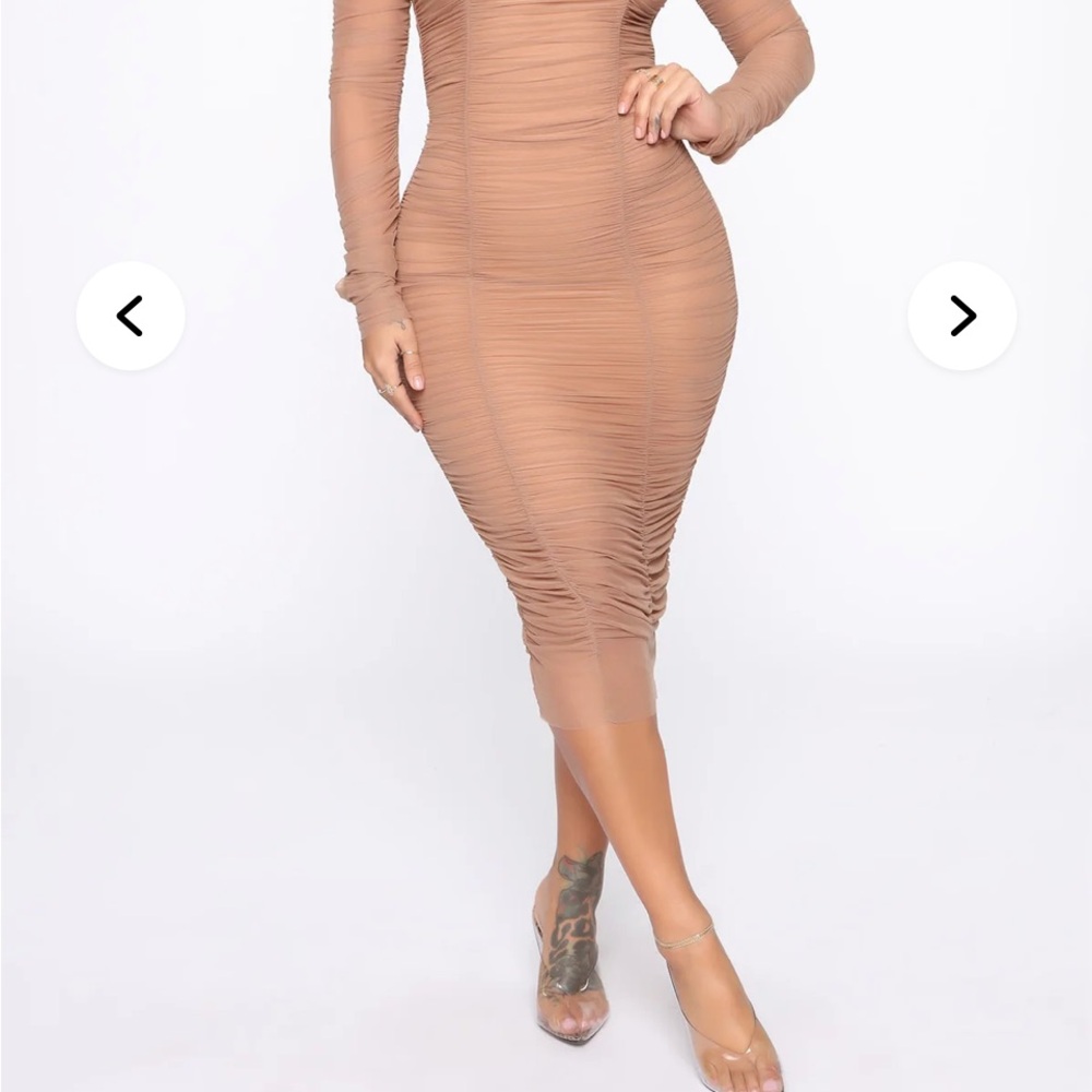Fashion Nova Tan Long Sleeve Ruched Dress